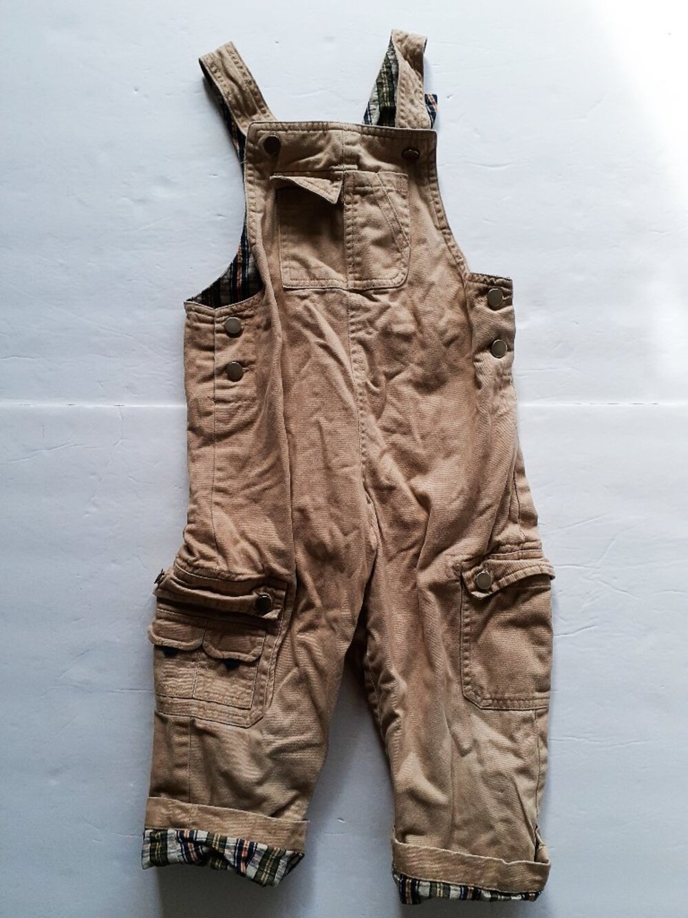 Wonder Kids Boys Overalls Khaki Plaid Lining Cargo 4T